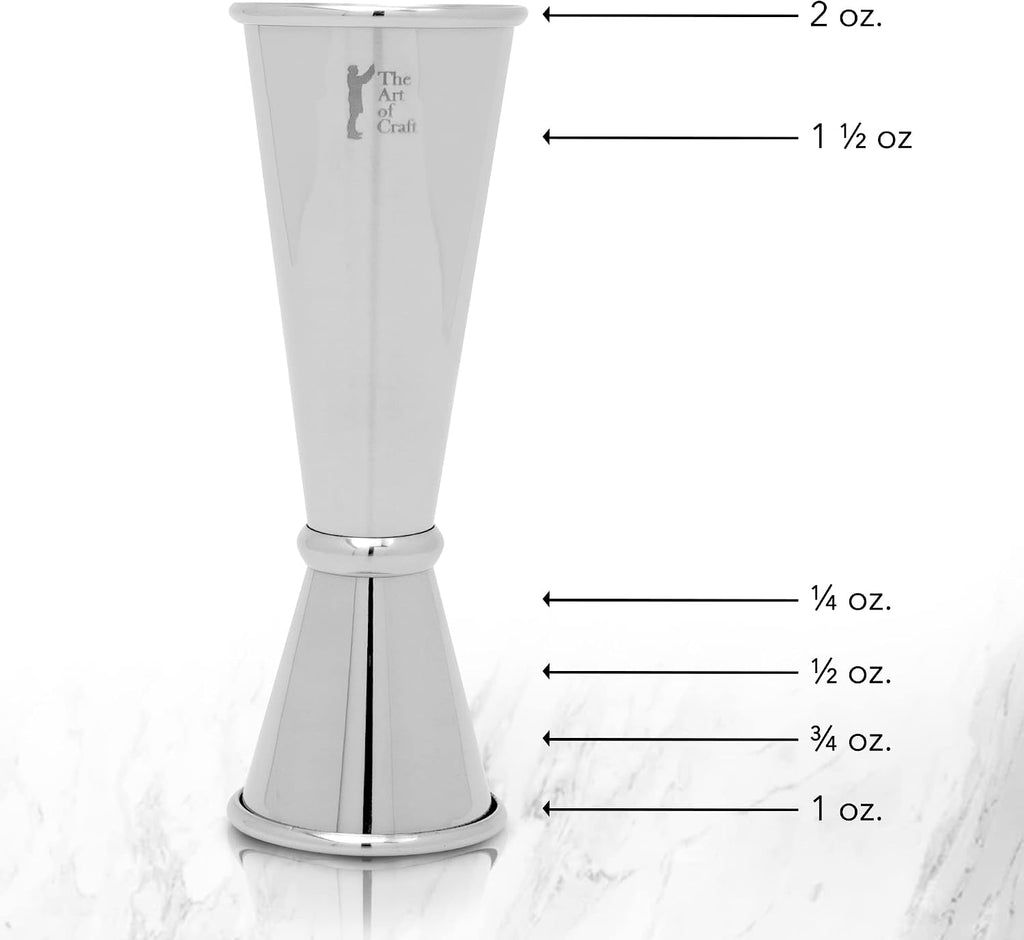 The Art of Craft Professional Bartending Set for Shaken and Stirred Drinks: Boston Cocktail Shaker, Hawthorne Strainer, Japanese Jigger, Bar Spoon and Crystal Mixing Glass