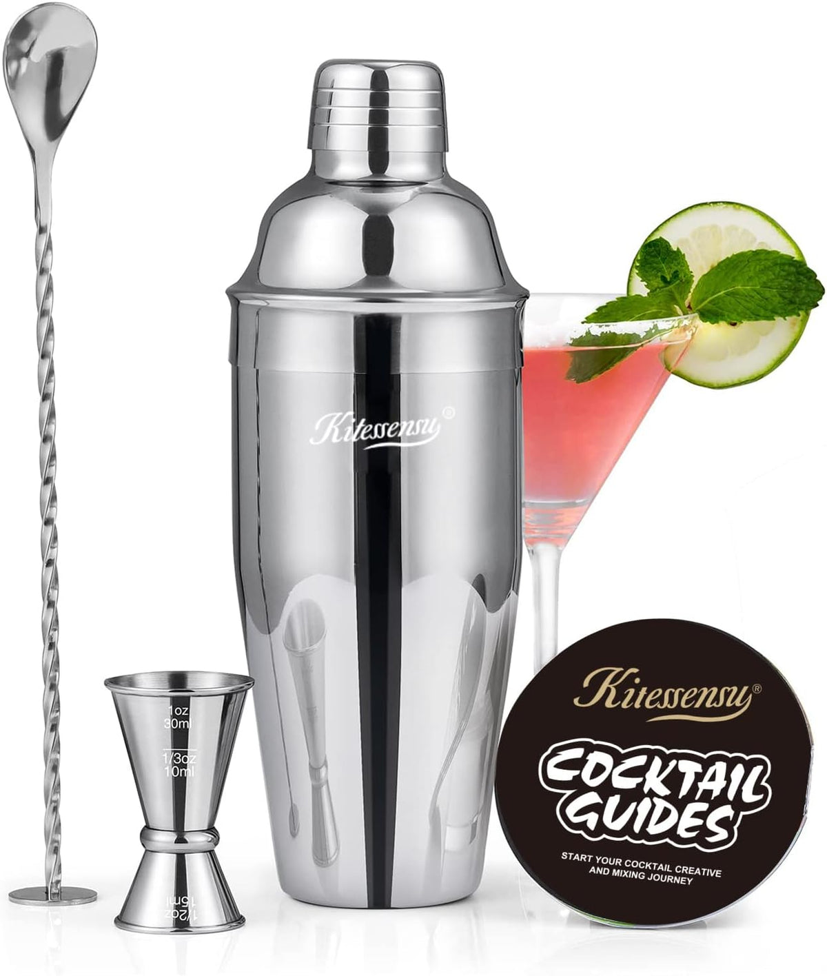 Cocktail Shaker, KITESSENSU 24oz Drink Shaker with Bartender Strainer, Measuring Jigger, Bar Mixing Spoon, Cocktail Recipe Guide, Professional Drink Mixer Set for Beginners, Silver