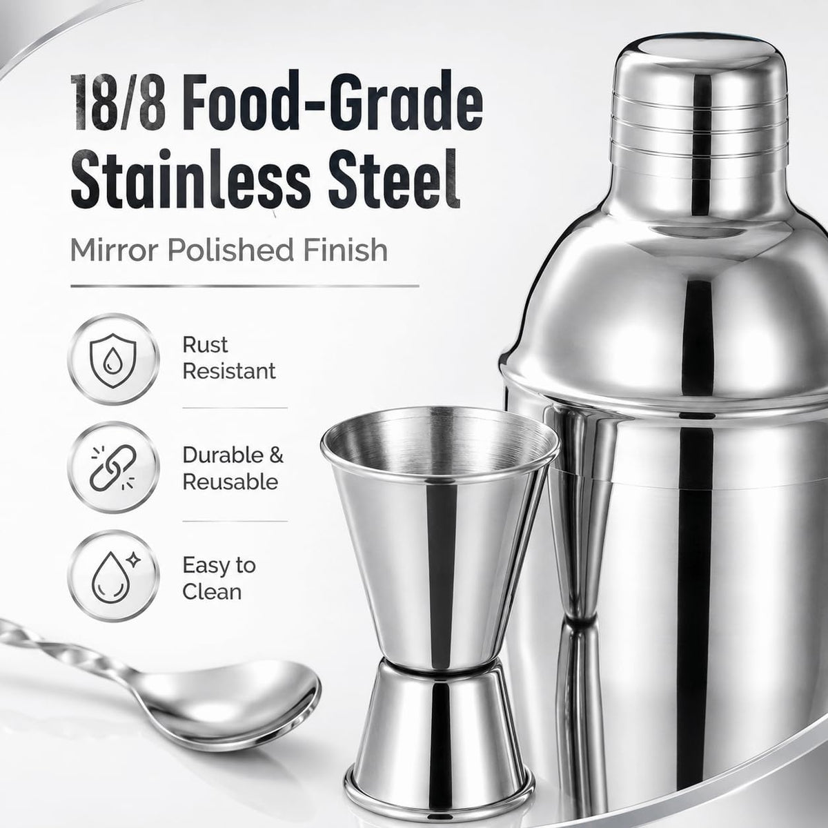 Cocktail Shaker Set, 6-Piece 18/8 Food-Grade Stainless Steel Mixology Bartender Kit - Premium Bar Tools with Muddler, Jigger, Spoon & Pourers - Rust-Proof, Leak-Proof & Dishwasher Safe Gift for Men
