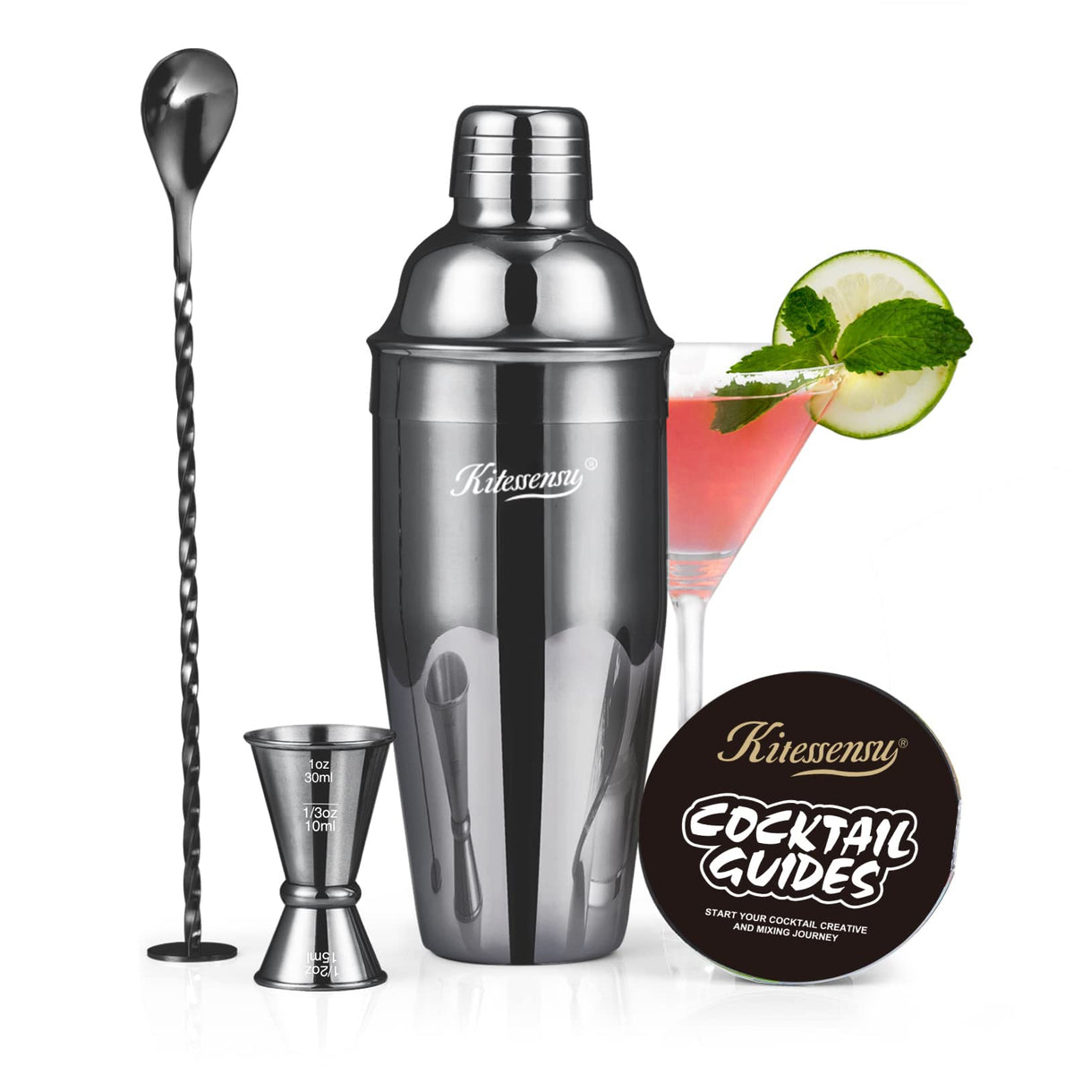 Cocktail Shaker, KITESSENSU 24oz Drink Shaker with Bartender Strainer, Measuring Jigger, Bar Mixing Spoon, Cocktail Recipe Guide, Professional Drink Mixer Set for Beginners, Silver
