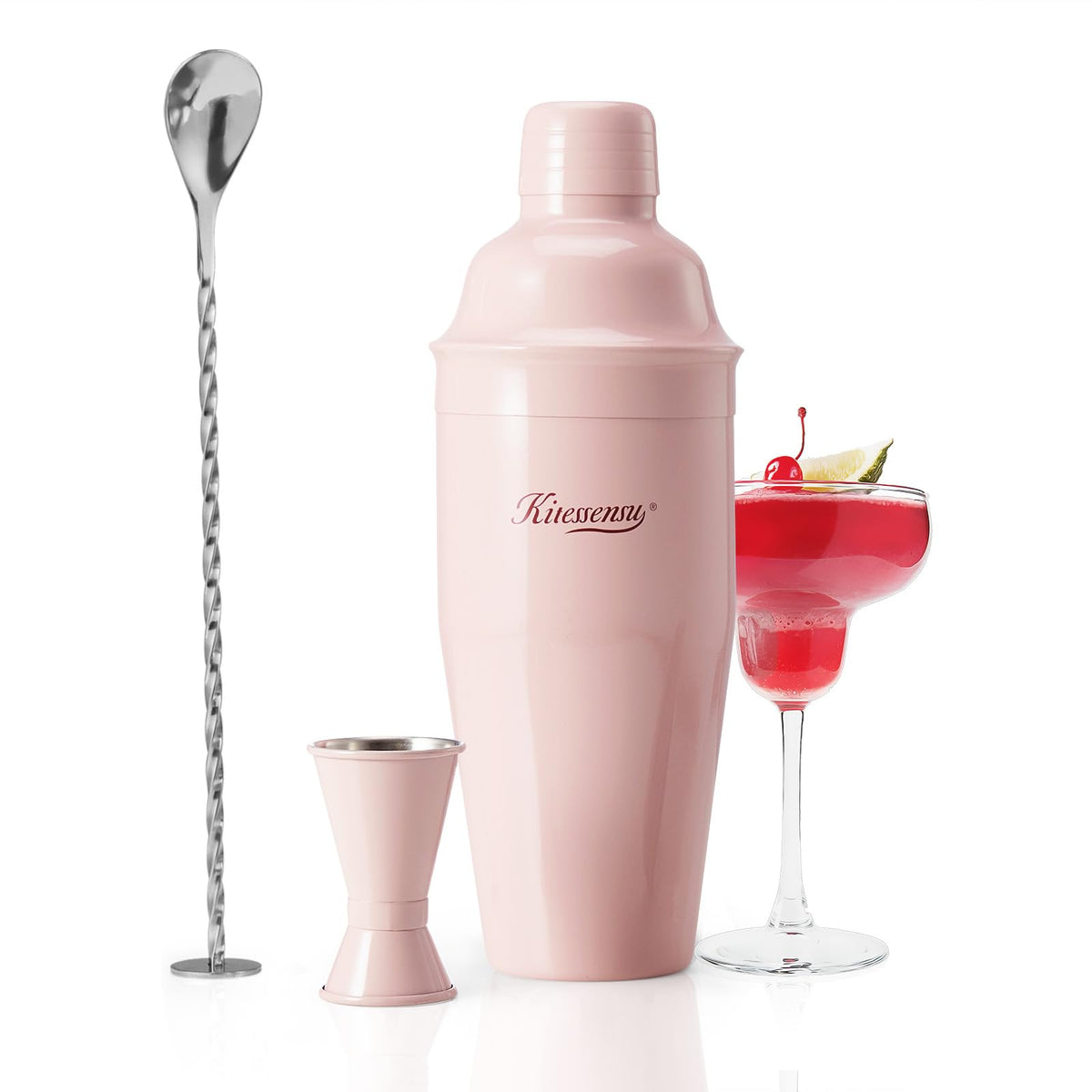 Cocktail Shaker, KITESSENSU 24oz Drink Shaker with Bartender Strainer, Measuring Jigger, Bar Mixing Spoon, Cocktail Recipe Guide, Professional Drink Mixer Set for Beginners, Silver