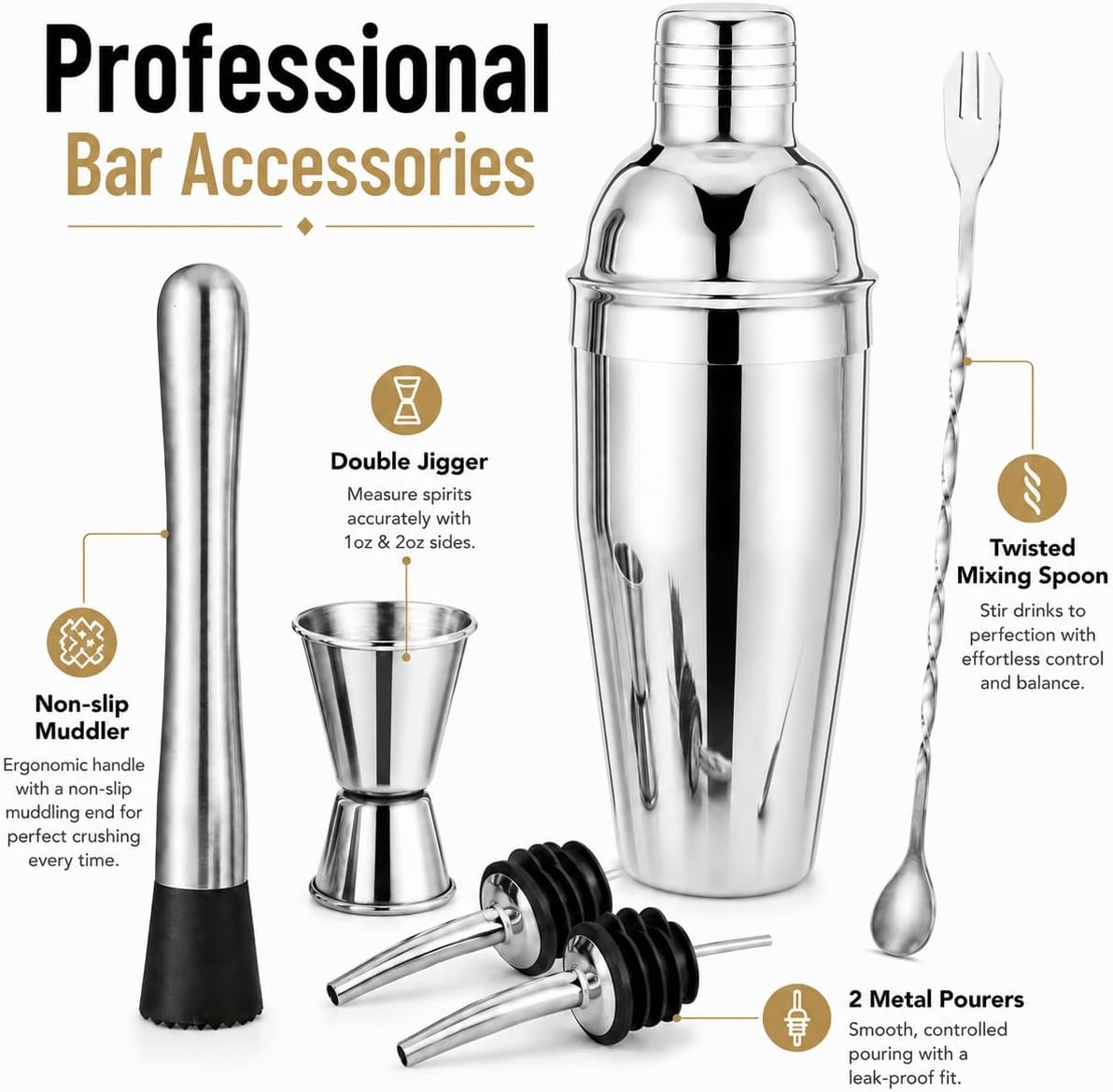 Cocktail Shaker Set, 6-Piece 18/8 Food-Grade Stainless Steel Mixology Bartender Kit - Premium Bar Tools with Muddler, Jigger, Spoon & Pourers - Rust-Proof, Leak-Proof & Dishwasher Safe Gift for Men
