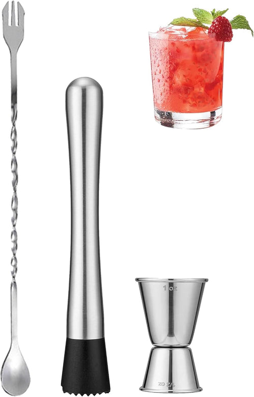 8”Stainless Steel Muddler, 10”Mixing Spoon & Jigger for Cocktails