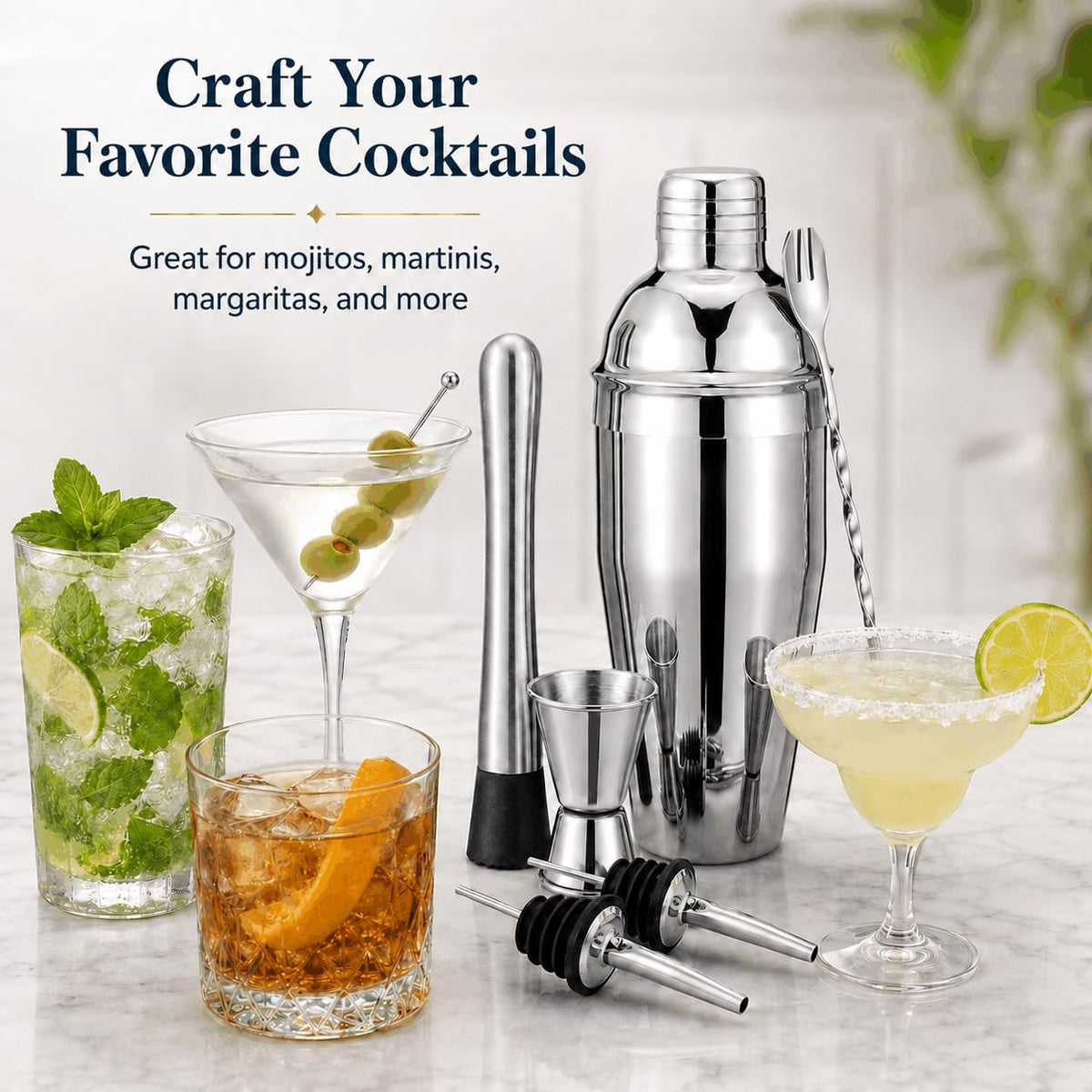 Cocktail Shaker Set, 6-Piece 18/8 Food-Grade Stainless Steel Mixology Bartender Kit - Premium Bar Tools with Muddler, Jigger, Spoon & Pourers - Rust-Proof, Leak-Proof & Dishwasher Safe Gift for Men