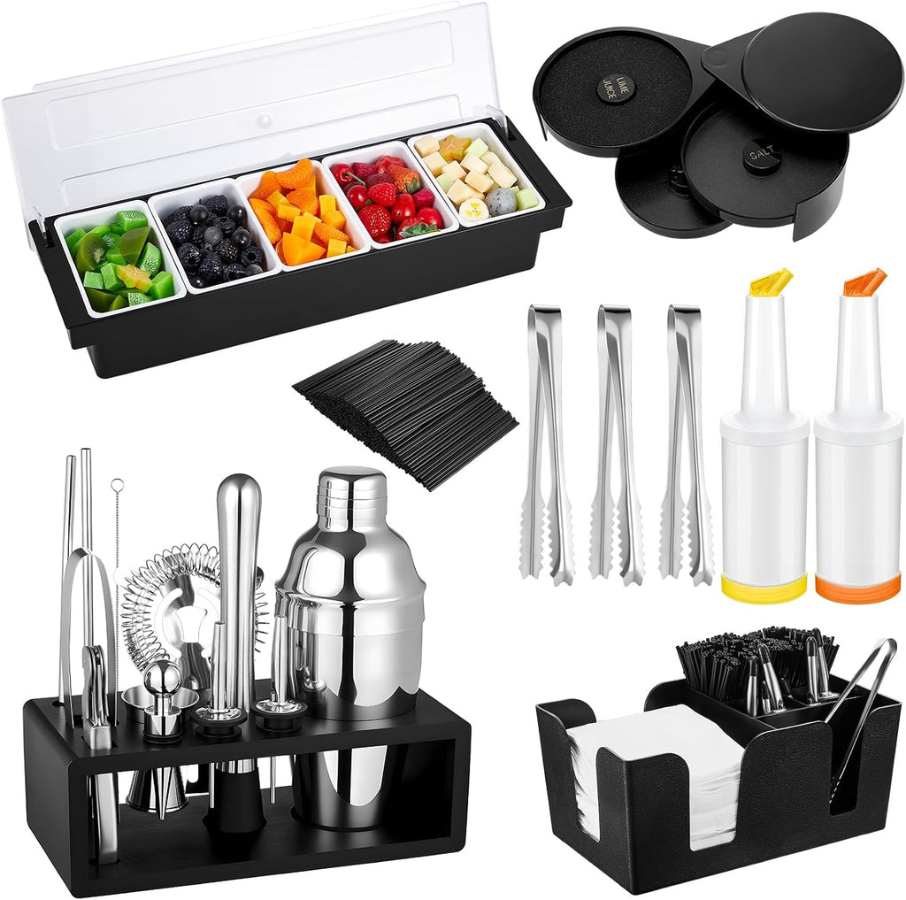 Mifoci 23 Pcs Bartender Supplies Kit Garnish Tray for Bartenders with Bar Caddy 3 Tier Salt Rimmer 13 Pcs Cocktail Shaker Set and Bar Accessory for Christmas Bartender Gifts Beginners(5 Compartments)