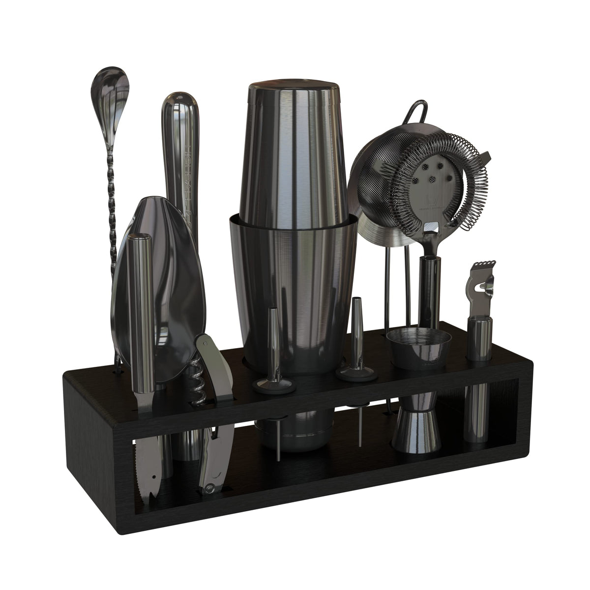 Highball & Chaser 13-Piece Boston Cocktail Shaker Set Stainless Steel Mixology Bartender Kit With Stand For Home Bar Cocktail Set | Laser Engraved Cocktail Tools | Plus E-Book with 30 Cocktail Recipes