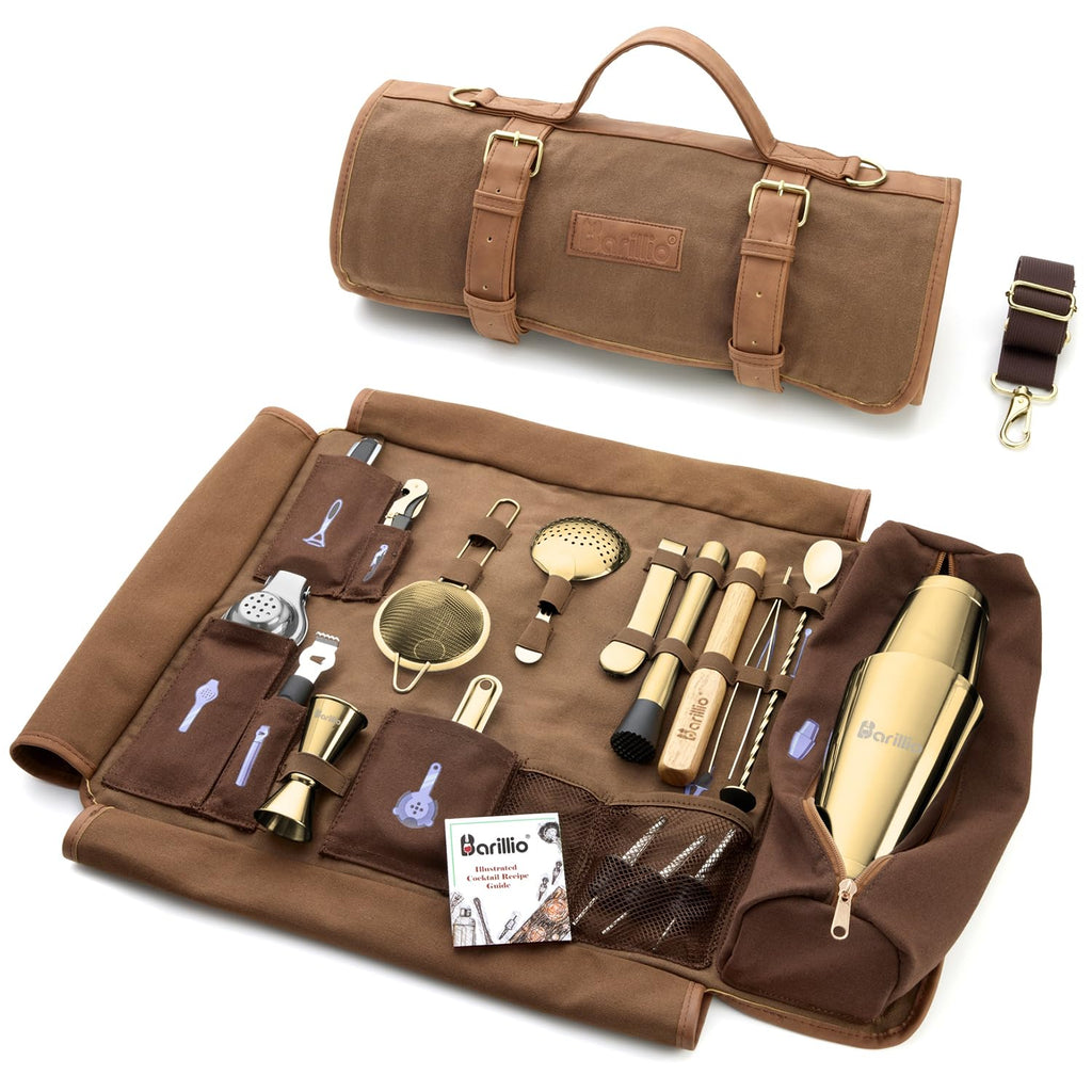 Barillio Bartender Kit Bag with Cocktail Shaker Set - Waxed Canvas, Traveling Bar Tools Bag with 17-Pc Cocktail Kit - Travel Mixology Bartending Kits - Mobile Bar Roll with Strap & Accessories