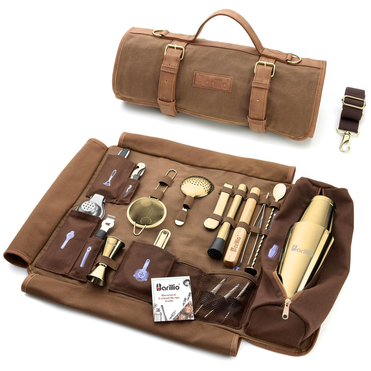 Barillio Bartender Kit Bag with Cocktail Shaker Set - Waxed Canvas, Traveling Bar Tools Bag with 17-Pc Cocktail Kit - Travel Mixology Bartending Kits - Mobile Bar Roll with Strap & Accessories