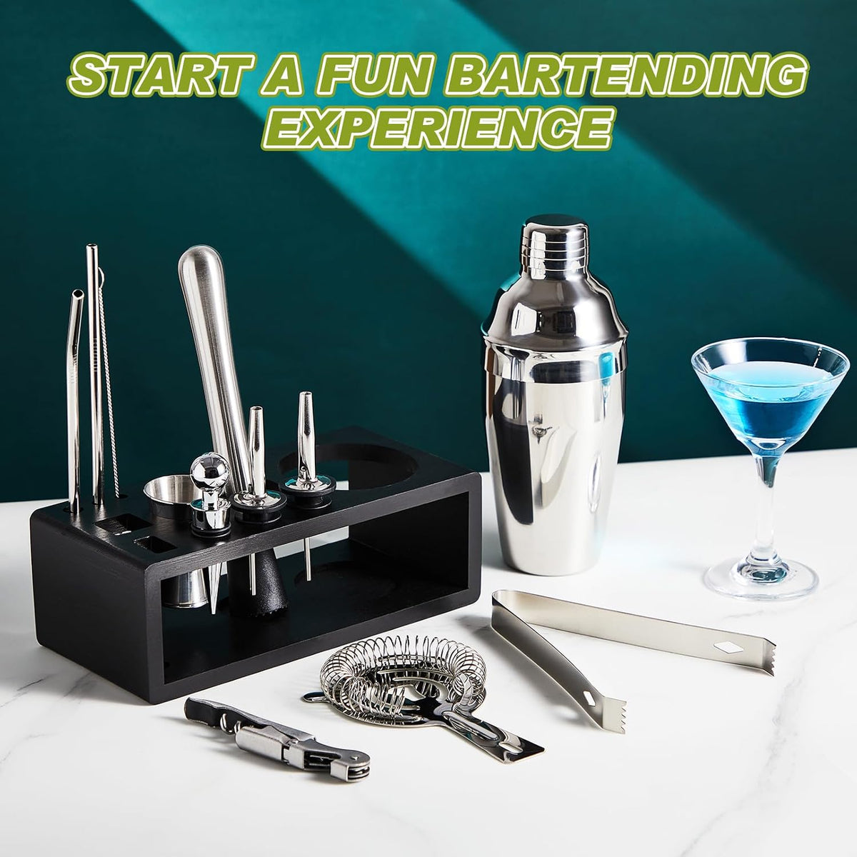 Mifoci 23 Pcs Bartender Supplies Kit Garnish Tray for Bartenders with Bar Caddy 3 Tier Salt Rimmer 13 Pcs Cocktail Shaker Set and Bar Accessory for Christmas Bartender Gifts Beginners(5 Compartments)