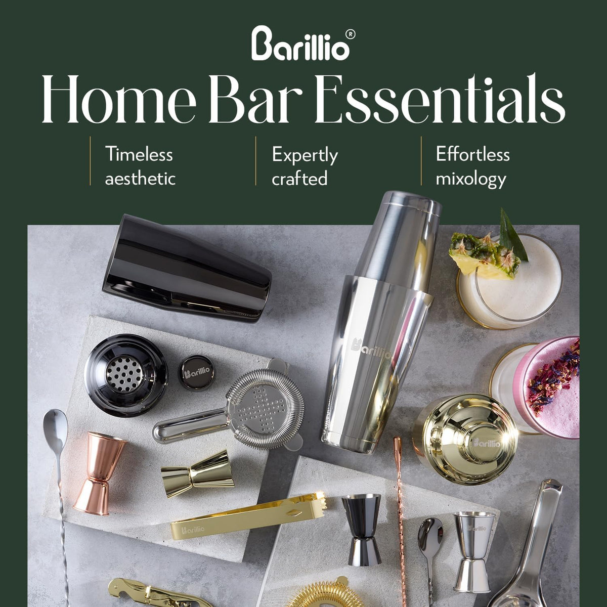 Barillio Bar Tool Set Pro Edition - Stainless-Steel Cocktail Shaker Set - Mixology Bartender Kit w/Boston Shaker, Drink Mixer & Muddler for Cocktails - Home Bar Accessories - 32-Pc Bar kit