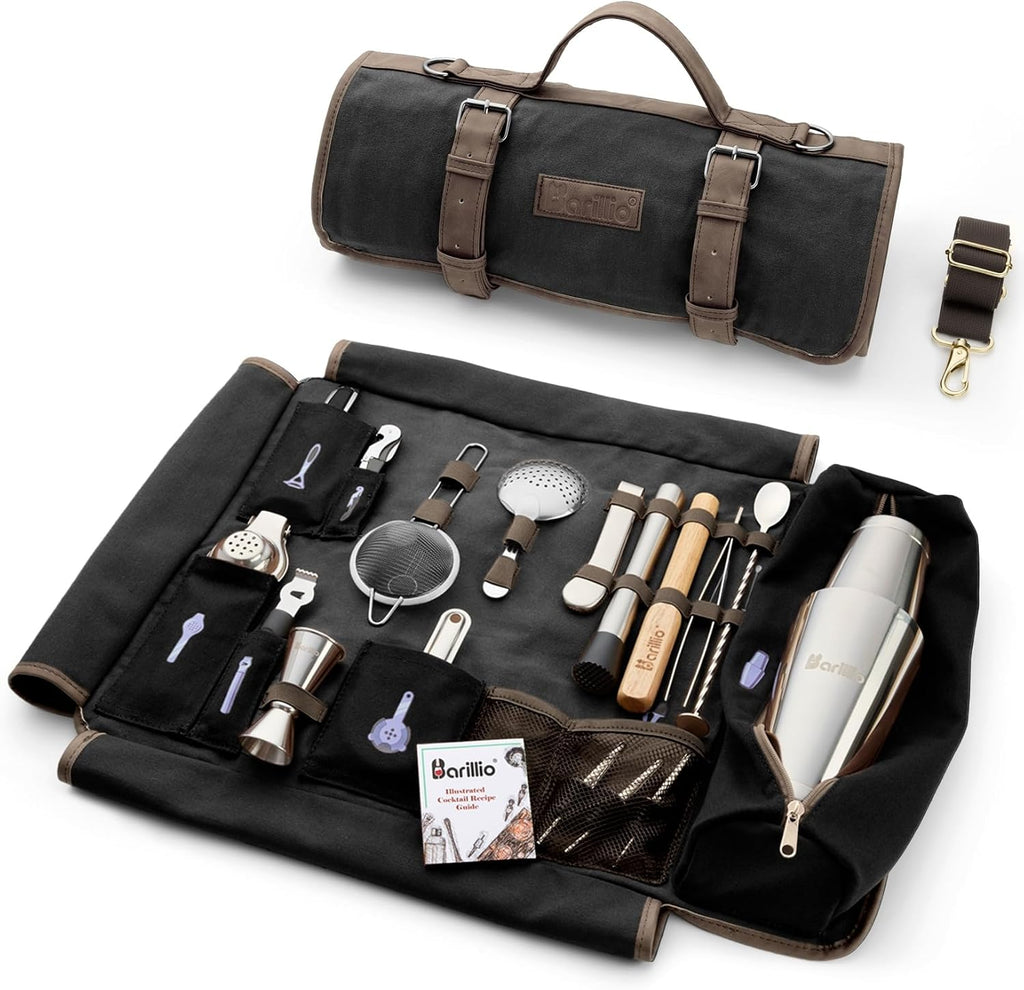 Barillio Bartender Kit Bag with Cocktail Shaker Set - Waxed Canvas, Traveling Bar Tools Bag with 17-Pc Cocktail Kit - Travel Mixology Bartending Kits - Mobile Bar Roll with Strap & Accessories