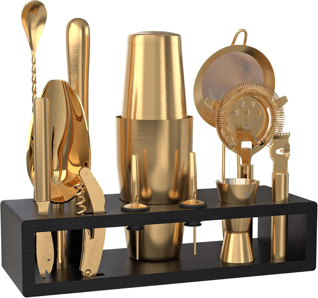 Highball & Chaser Bartender Kit with Black Bamboo Stand Beautiful Cocktail Shaker Set and Bar Tools Stainless Steel Boston Shaker Bartender Kit with Stand (Antique Gold)