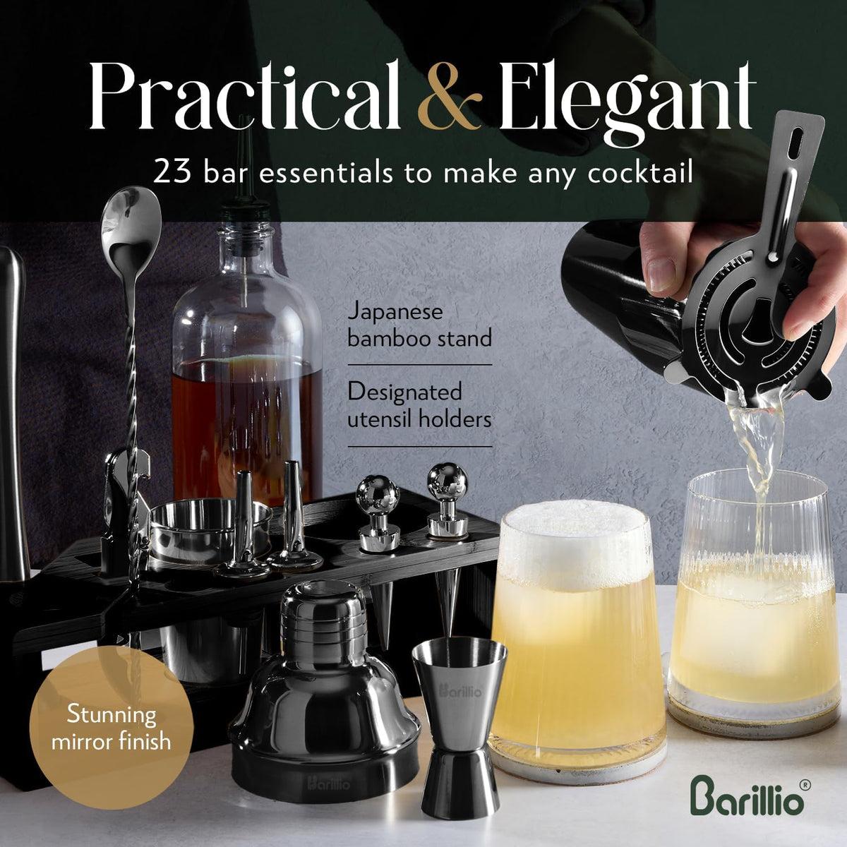 Barillio Black Bartender Kit - Stainless-Steel Cocktail Shaker Set w/Black Bamboo Stand - Mixology Bar Tools w/Drink Shaker, Mixer and Muddler for Cocktails - Home Bar Accessories - 23-Pc Bar Set