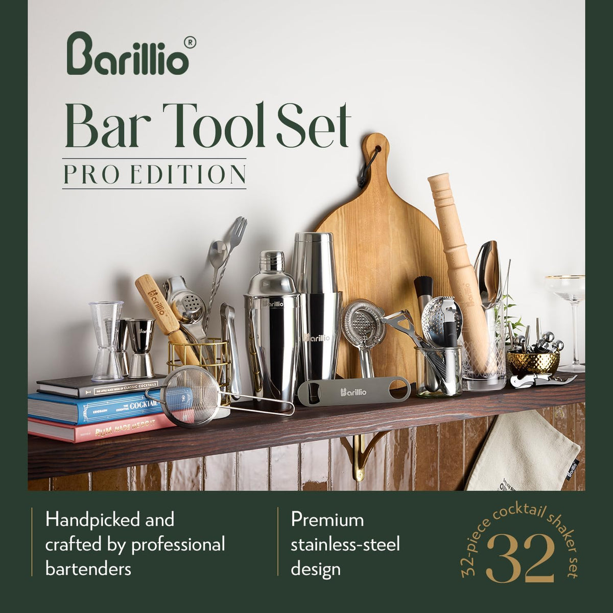 Barillio Bar Tool Set Pro Edition - Stainless-Steel Cocktail Shaker Set - Mixology Bartender Kit w/Boston Shaker, Drink Mixer & Muddler for Cocktails - Home Bar Accessories - 32-Pc Bar kit