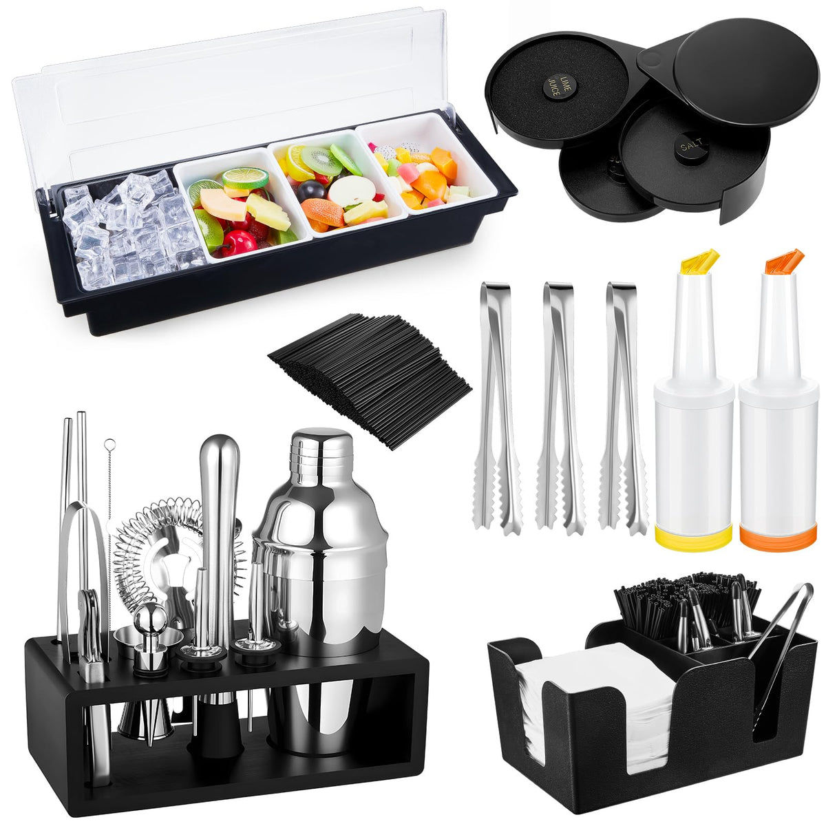 Mifoci 23 Pcs Bartender Supplies Kit Garnish Tray for Bartenders with Bar Caddy 3 Tier Salt Rimmer 13 Pcs Cocktail Shaker Set and Bar Accessory for Christmas Bartender Gifts Beginners(5 Compartments)