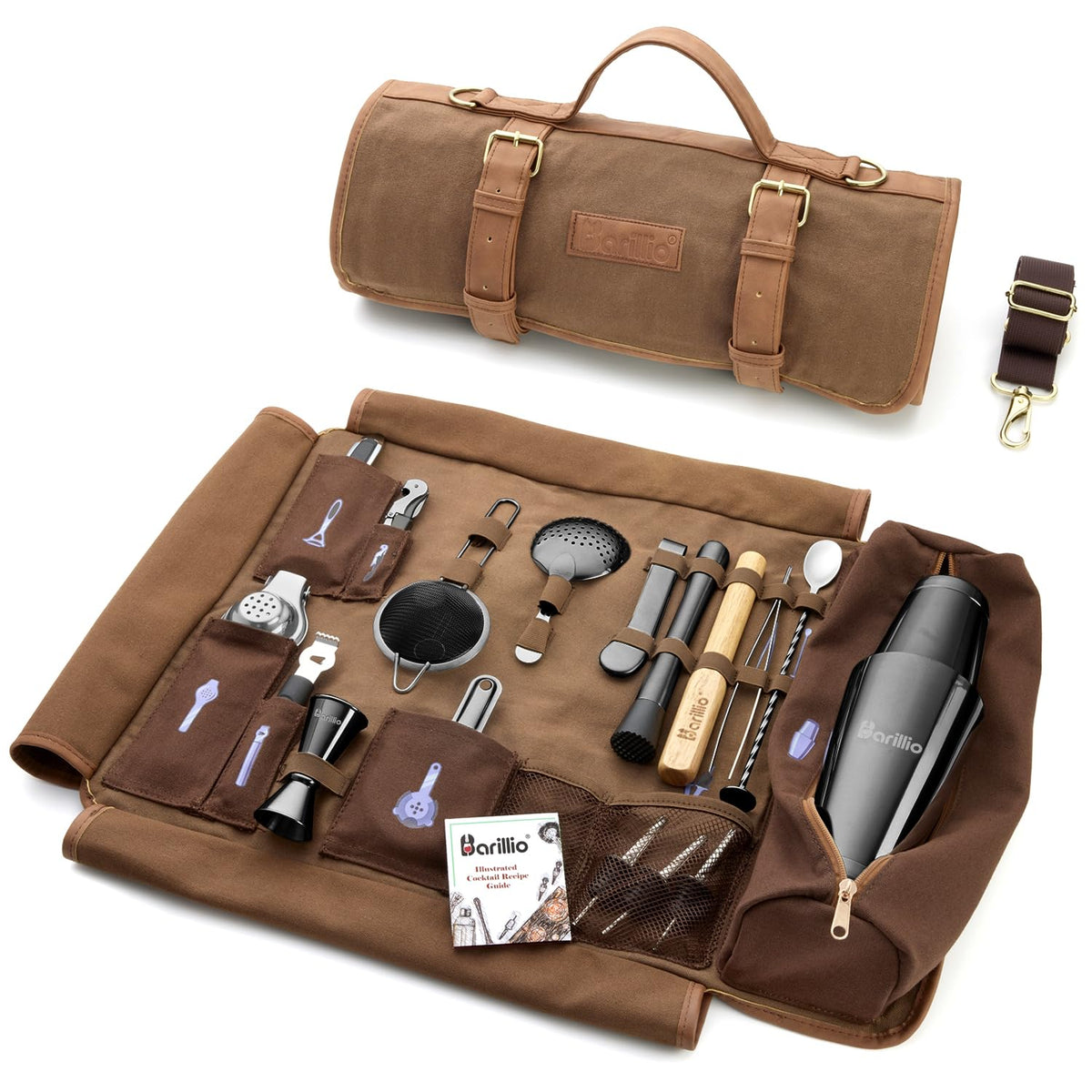 Barillio Bartender Kit Bag with Cocktail Shaker Set - Waxed Canvas, Traveling Bar Tools Bag with 17-Pc Cocktail Kit - Travel Mixology Bartending Kits - Mobile Bar Roll with Strap & Accessories