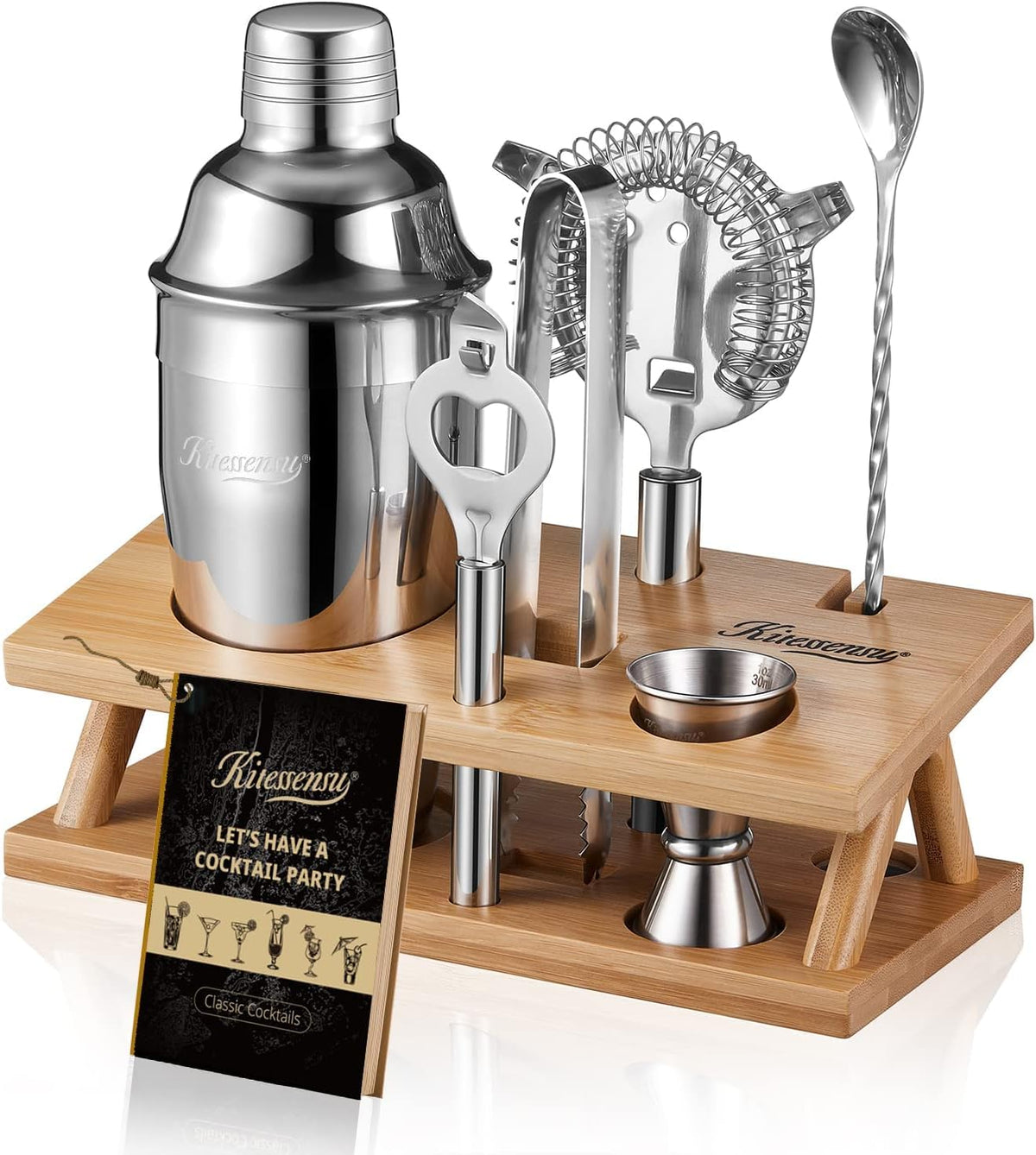 KITESSENSU Cocktail Shaker Set Bartender Kit with Stand | Bar Set Drink Mixer Set with All Essential Accessory Tools: Martini Shaker, Jigger, Strainer, Mixer Spoon, Muddler, Liquor Pourers |Silver