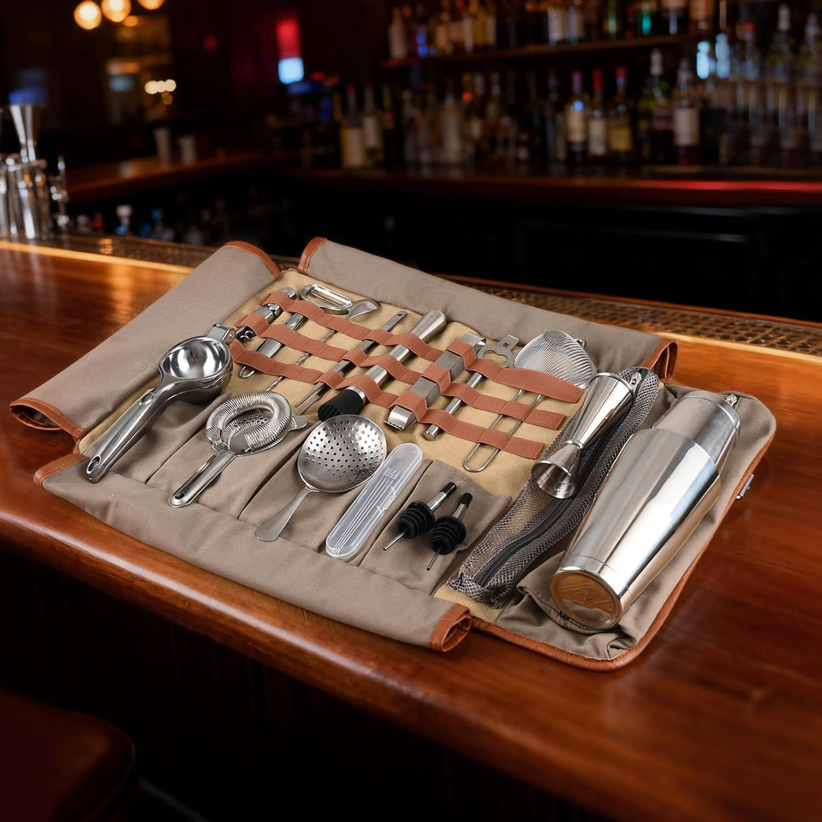 Etens 22 Piece Travel Bartender Kit with Bag, Portable Stainless Steel Professional Bar Tool Set, Traveling Cocktail Mixology Kit, Full Bartending Set with Carrying Case for Home, Travel & Commercial