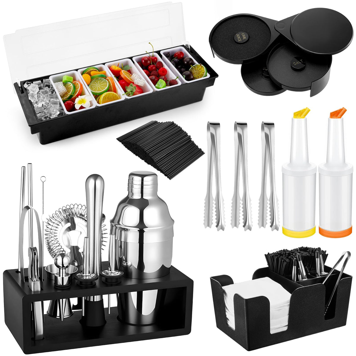 Mifoci 23 Pcs Bartender Supplies Kit Garnish Tray for Bartenders with Bar Caddy 3 Tier Salt Rimmer 13 Pcs Cocktail Shaker Set and Bar Accessory for Christmas Bartender Gifts Beginners(5 Compartments)