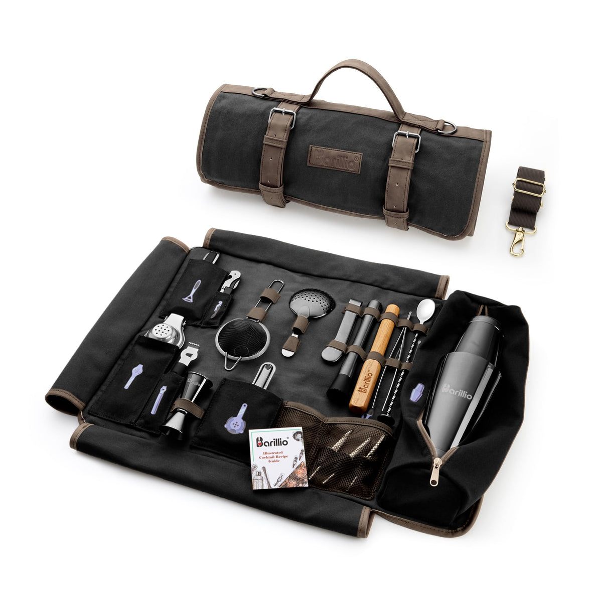 Barillio Bartender Kit Bag with Cocktail Shaker Set - Waxed Canvas, Traveling Bar Tools Bag with 17-Pc Cocktail Kit - Travel Mixology Bartending Kits - Mobile Bar Roll with Strap & Accessories