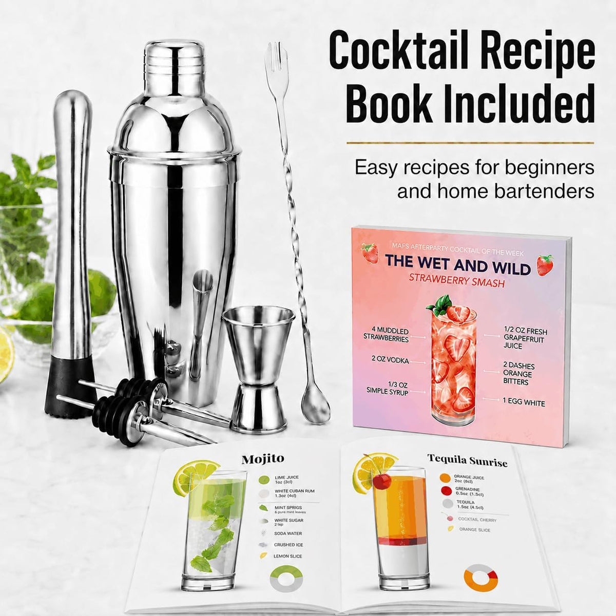 Cocktail Shaker Set, 6-Piece 18/8 Food-Grade Stainless Steel Mixology Bartender Kit - Premium Bar Tools with Muddler, Jigger, Spoon & Pourers - Rust-Proof, Leak-Proof & Dishwasher Safe Gift for Men