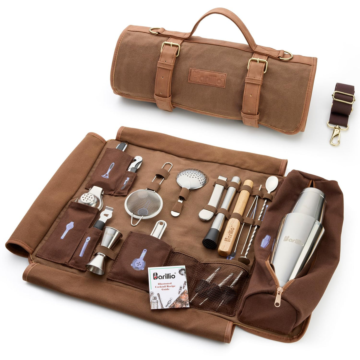 Barillio Bartender Kit Bag with Cocktail Shaker Set - Waxed Canvas, Traveling Bar Tools Bag with 17-Pc Cocktail Kit - Travel Mixology Bartending Kits - Mobile Bar Roll with Strap & Accessories