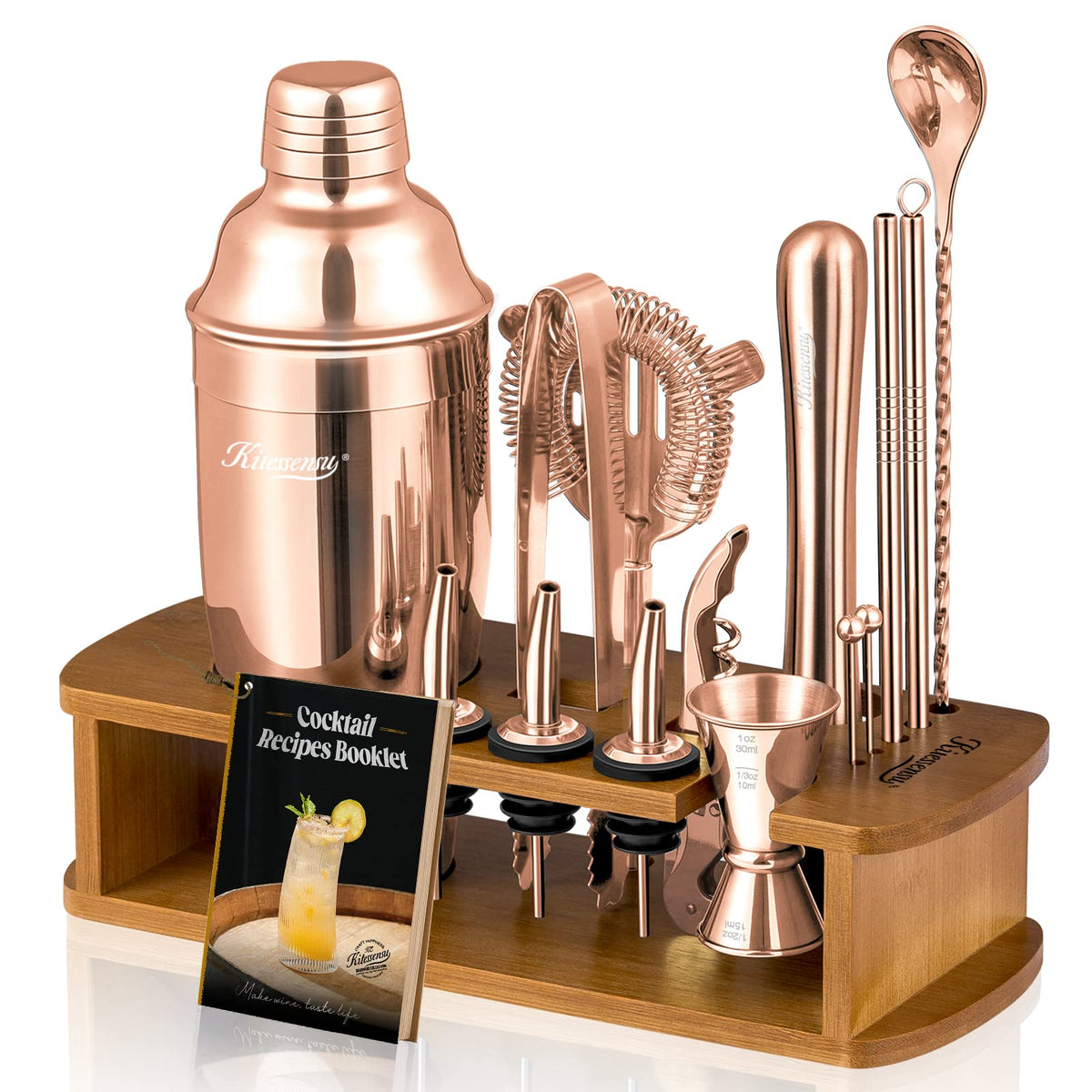 KITESSENSU Cocktail Shaker Set Bartender Kit with Stand | Bar Set Drink Mixer Set with All Essential Accessory Tools: Martini Shaker, Jigger, Strainer, Mixer Spoon, Muddler, Liquor Pourers |Silver