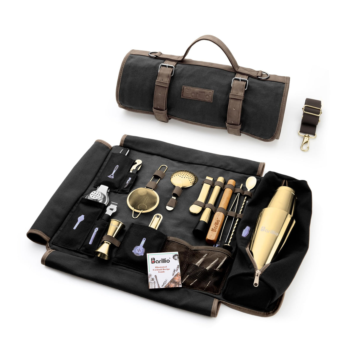 Barillio Bartender Kit Bag with Cocktail Shaker Set - Waxed Canvas, Traveling Bar Tools Bag with 17-Pc Cocktail Kit - Travel Mixology Bartending Kits - Mobile Bar Roll with Strap & Accessories