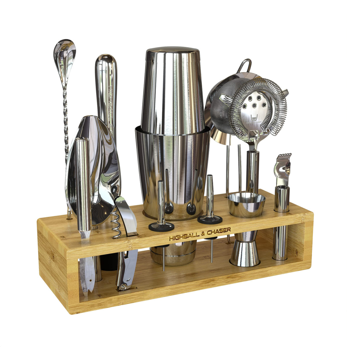 Highball & Chaser Bartender Kit with Black Bamboo Stand Beautiful Cocktail Shaker Set and Bar Tools Stainless Steel Boston Shaker Bartender Kit with Stand (Antique Gold)