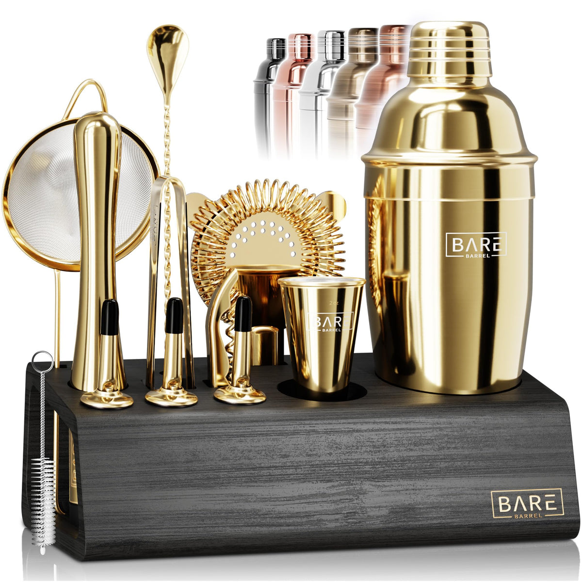 BARE BARREL® Mixology Bartender Kit Bar Set | 14-Piece Cocktail Shaker Set | Martini Barware Mixing Tools for Home Bartending | Incl. 35 Recipe Cards | Gift Set (24oz Cobbler Shaker, Jet Black/Black)