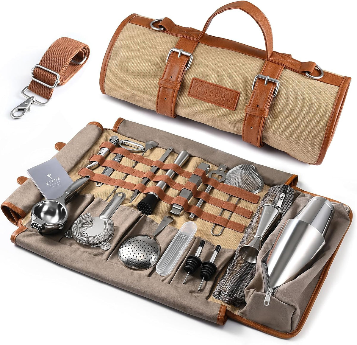 Etens 22 Piece Travel Bartender Kit with Bag, Portable Stainless Steel Professional Bar Tool Set, Traveling Cocktail Mixology Kit, Full Bartending Set with Carrying Case for Home, Travel & Commercial