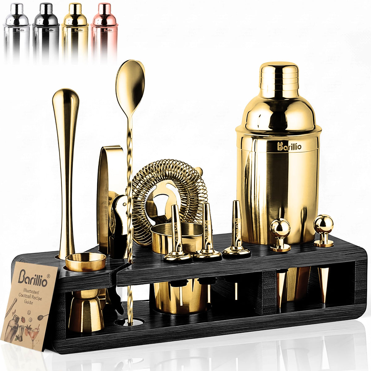 Barillio Black Bartender Kit - Stainless-Steel Cocktail Shaker Set w/Black Bamboo Stand - Mixology Bar Tools w/Drink Shaker, Mixer and Muddler for Cocktails - Home Bar Accessories - 23-Pc Bar Set