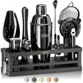 BARE BARREL® Mixology Bartender Kit Bar Set | 16-Piece Cocktail Shaker Set | Martini Barware Mixing Tools for Home Bartending | Incl. 35 Recipe Cards | Gift Set (24oz Cobbler Shaker, Silver/Black)