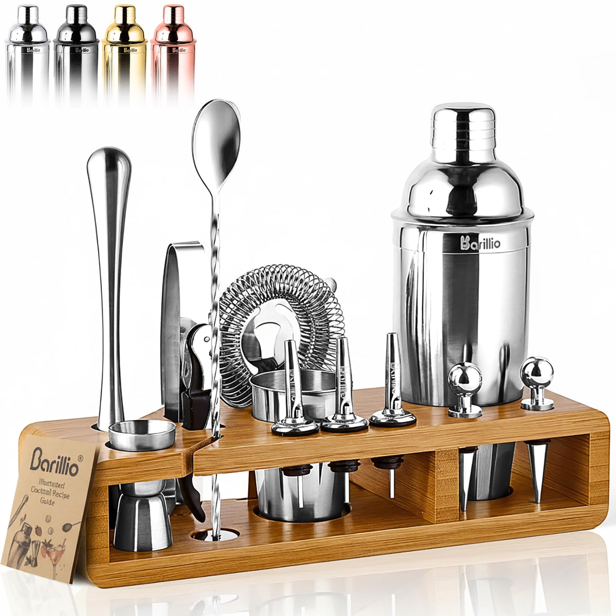 Barillio Black Bartender Kit - Stainless-Steel Cocktail Shaker Set w/Black Bamboo Stand - Mixology Bar Tools w/Drink Shaker, Mixer and Muddler for Cocktails - Home Bar Accessories - 23-Pc Bar Set
