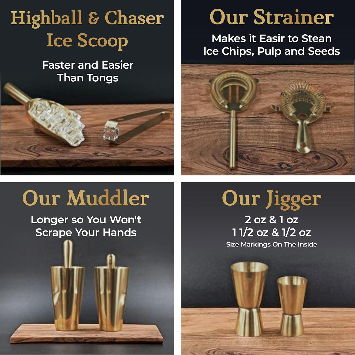 Highball & Chaser Bartender Kit with Black Bamboo Stand Beautiful Cocktail Shaker Set and Bar Tools Stainless Steel Boston Shaker Bartender Kit with Stand (Antique Gold)