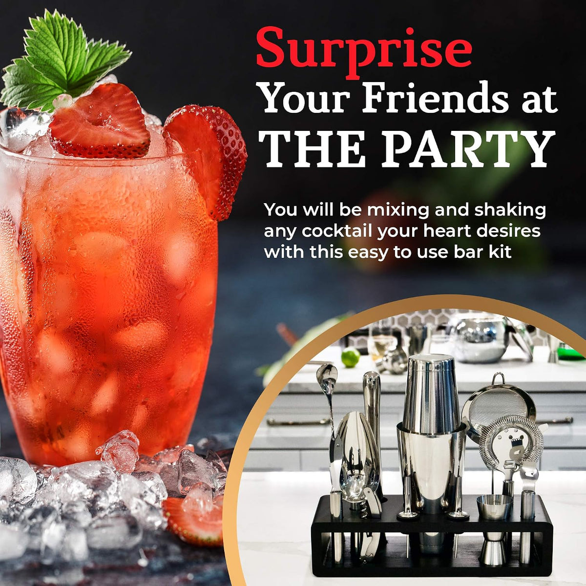 Highball & Chaser 13-Piece Boston Cocktail Shaker Set Stainless Steel Mixology Bartender Kit With Stand For Home Bar Cocktail Set | Laser Engraved Cocktail Tools | Plus E-Book with 30 Cocktail Recipes