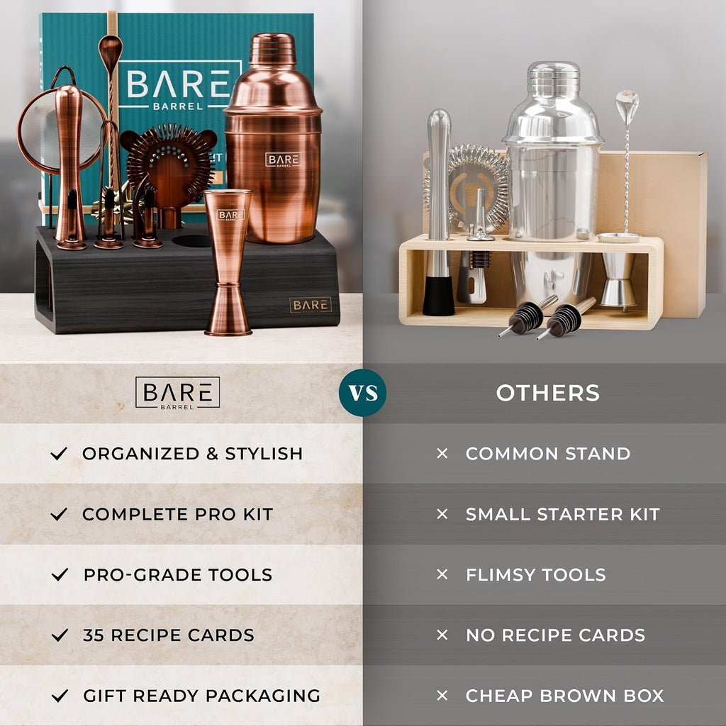 BARE BARREL® Mixology Bartender Kit Bar Set | 14-Piece Cocktail Shaker Set | Martini Barware Mixing Tools for Home Bartending | Incl. 35 Recipe Cards | Gift Set (24oz Cobbler Shaker, Copper/Black)