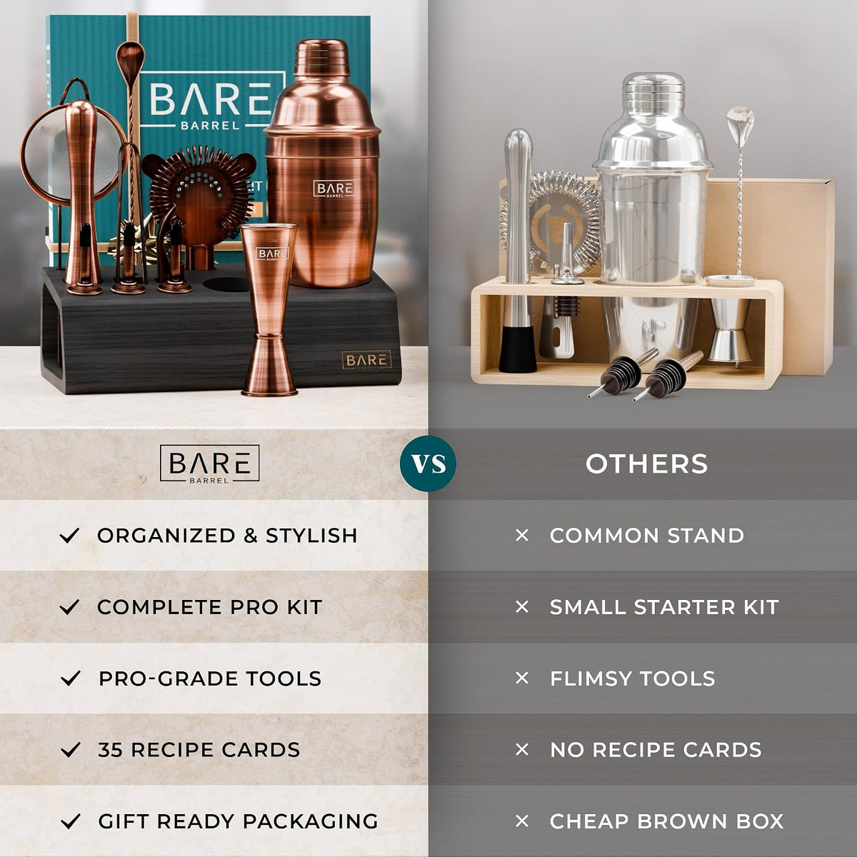 BARE BARREL® Mixology Bartender Kit Bar Set | 14-Piece Cocktail Shaker Set | Martini Barware Mixing Tools for Home Bartending | Incl. 35 Recipe Cards | Gift Set (24oz Cobbler Shaker, Copper/Black)