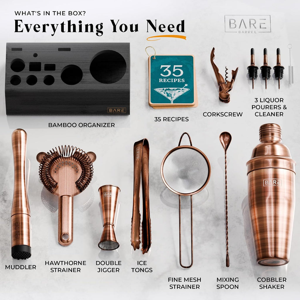 BARE BARREL® Mixology Bartender Kit Bar Set | 14-Piece Cocktail Shaker Set | Martini Barware Mixing Tools for Home Bartending | Incl. 35 Recipe Cards | Gift Set (24oz Cobbler Shaker, Copper/Black)