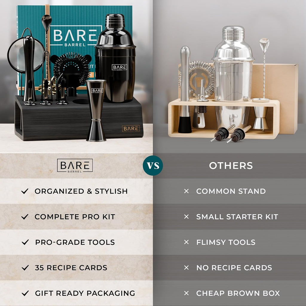 BARE BARREL® Mixology Bartender Kit Bar Set | 14-Piece Cocktail Shaker Set | Martini Barware Mixing Tools for Home Bartending | Incl. 35 Recipe Cards | Gift Set (24oz Cobbler Shaker, Jet Black/Black)