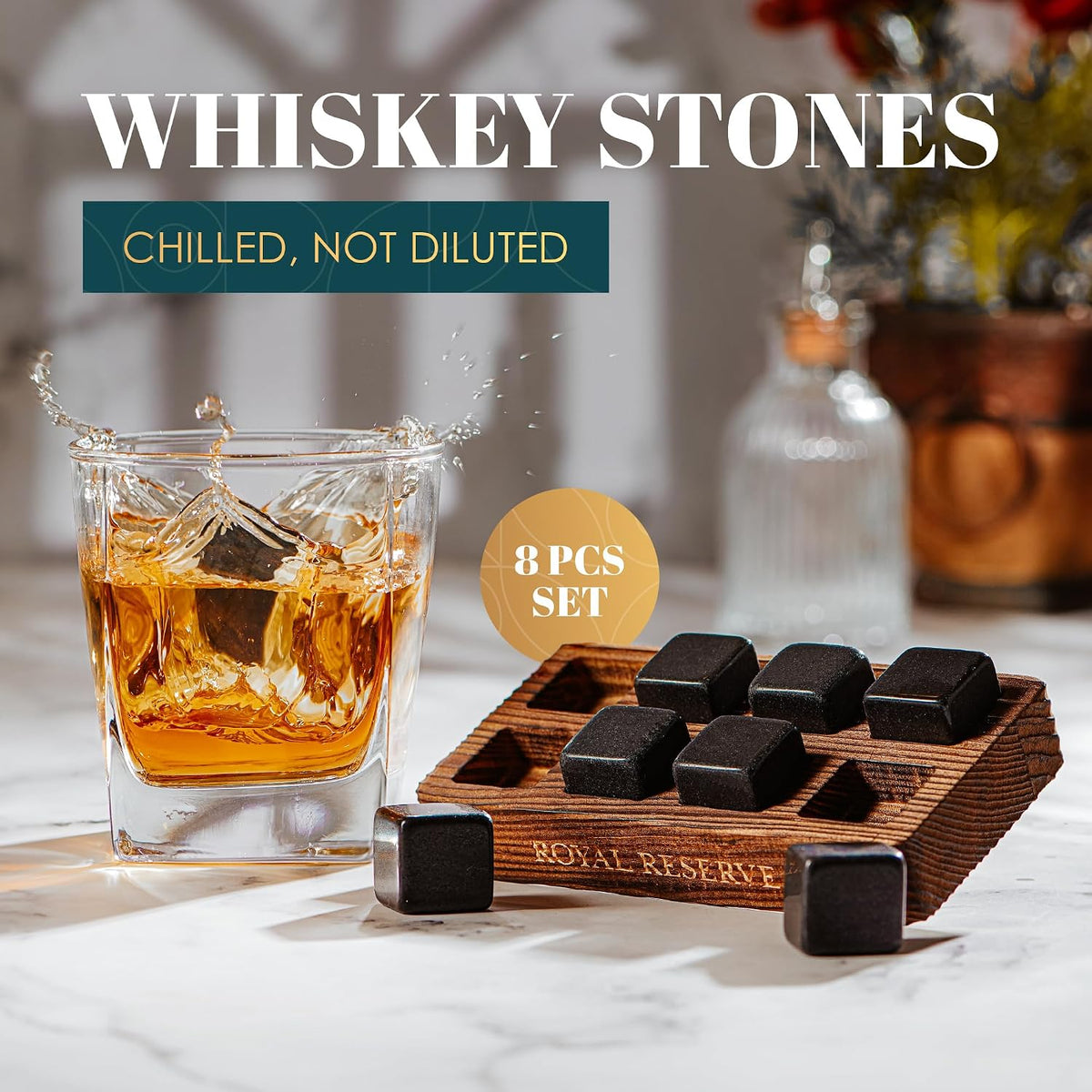 Whiskey Stones Gift Set by Royal Reserve – 8 Granite Chilling Rocks