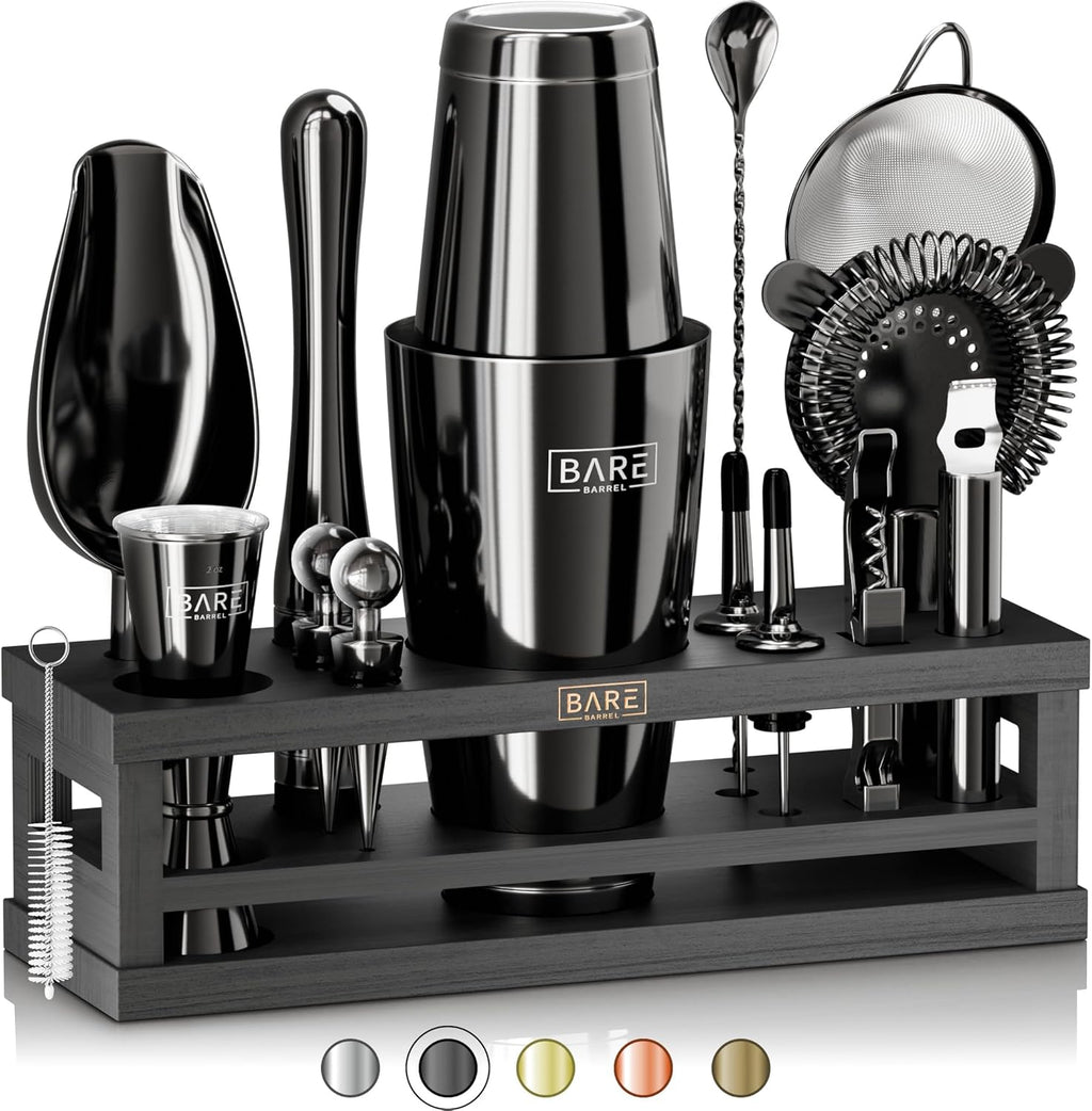 BARE BARREL® Mixology Bartender Kit Bar Set | 16-Piece Cocktail Shaker Set | Martini Barware Mixing Tools for Home Bartending | Incl. 35 Recipe Cards | Gift Set (28oz Boston Shaker, Jet Black/Black)