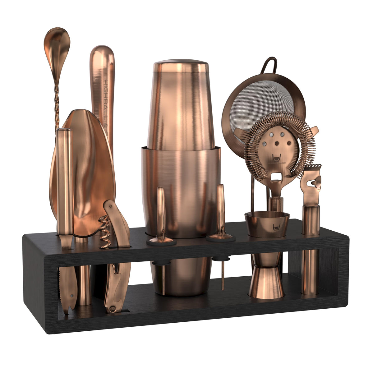 Highball & Chaser Bartender Kit with Black Bamboo Stand Beautiful Cocktail Shaker Set and Bar Tools Stainless Steel Boston Shaker Bartender Kit with Stand (Antique Gold)