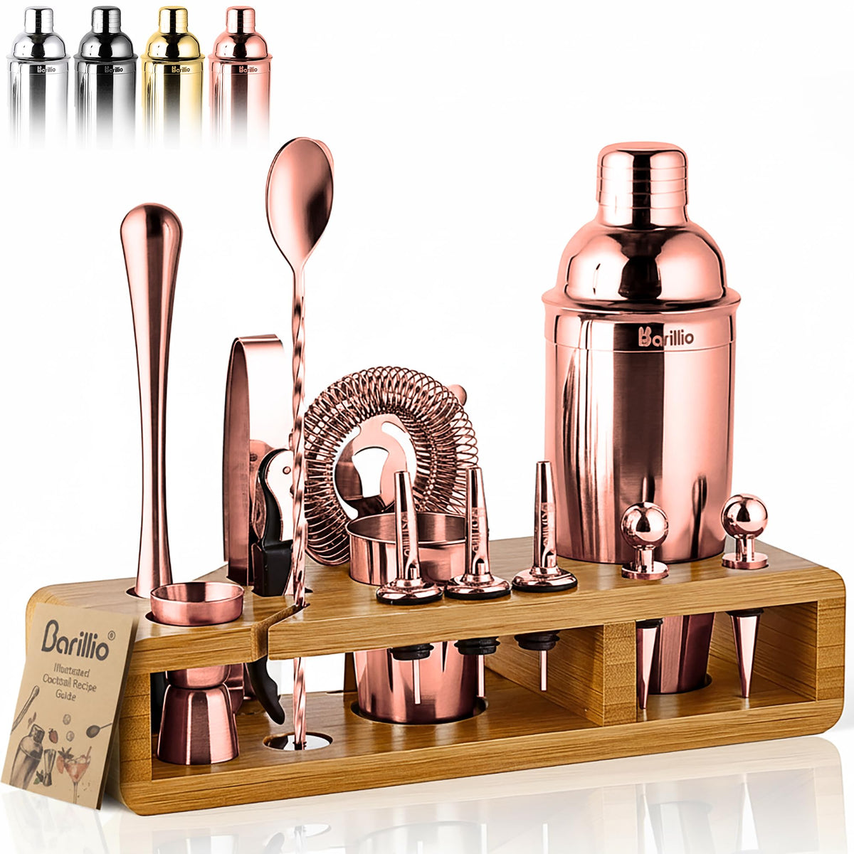 Barillio Black Bartender Kit - Stainless-Steel Cocktail Shaker Set w/Black Bamboo Stand - Mixology Bar Tools w/Drink Shaker, Mixer and Muddler for Cocktails - Home Bar Accessories - 23-Pc Bar Set