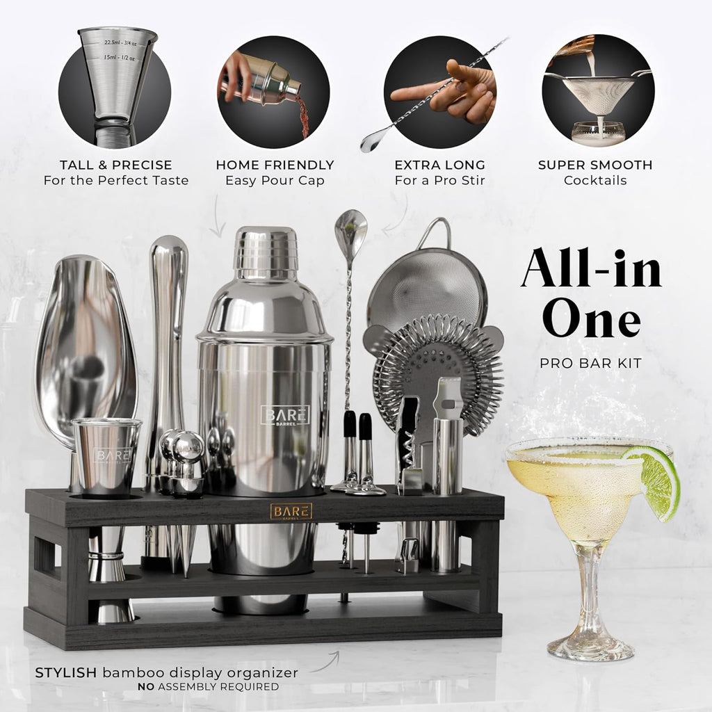 BARE BARREL® Mixology Bartender Kit Bar Set | 16-Piece Cocktail Shaker Set | Martini Barware Mixing Tools for Home Bartending | Incl. 35 Recipe Cards | Gift Set (24oz Cobbler Shaker, Silver/Black)