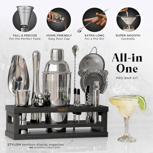 BARE BARREL® Mixology Bartender Kit Bar Set | 16-Piece Cocktail Shaker Set | Martini Barware Mixing Tools for Home Bartending | Incl. 35 Recipe Cards | Gift Set (24oz Cobbler Shaker, Silver/Black)