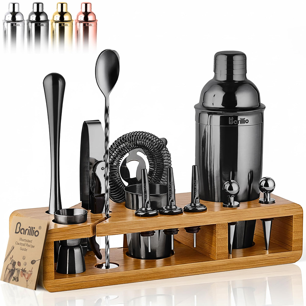 Barillio Black Bartender Kit - Stainless-Steel Cocktail Shaker Set w/Black Bamboo Stand - Mixology Bar Tools w/Drink Shaker, Mixer and Muddler for Cocktails - Home Bar Accessories - 23-Pc Bar Set