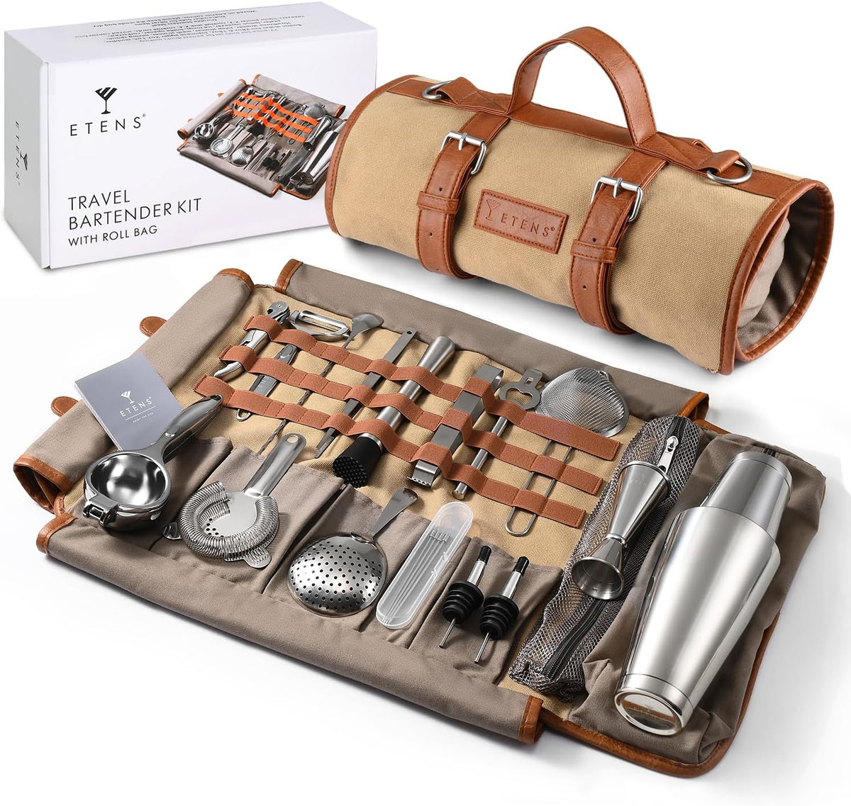Etens 22 Piece Travel Bartender Kit with Bag, Portable Stainless Steel Professional Bar Tool Set, Traveling Cocktail Mixology Kit, Full Bartending Set with Carrying Case for Home, Travel & Commercial