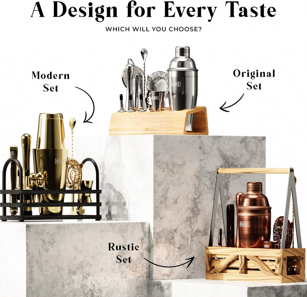 BARE BARREL® Mixology Bartender Kit Bar Set | 16-Piece Cocktail Shaker Set | Martini Barware Mixing Tools for Home Bartending | Incl. 35 Recipe Cards | Gift Set (24oz Cobbler Shaker, Silver/Black)
