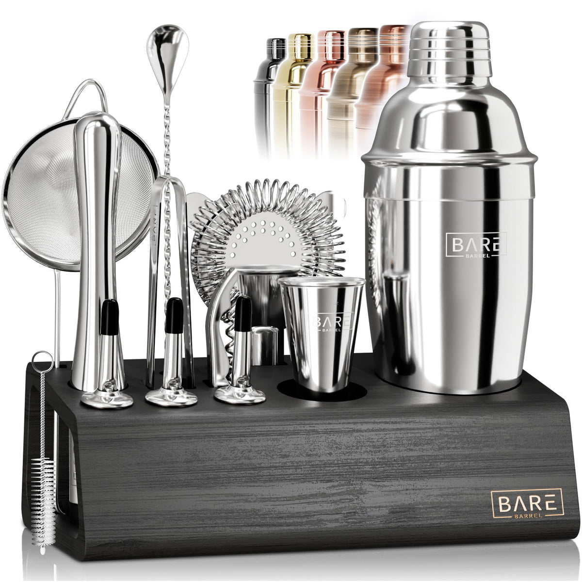 BARE BARREL® Mixology Bartender Kit Bar Set | 14-Piece Cocktail Shaker Set | Martini Barware Mixing Tools for Home Bartending | Incl. 35 Recipe Cards | Gift Set (24oz Cobbler Shaker, Jet Black/Black)